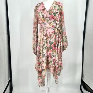 Jay Godfrey Eldon Dress Pink Women's Size 2 Floral Wrap Midi Lined Long Sleeve